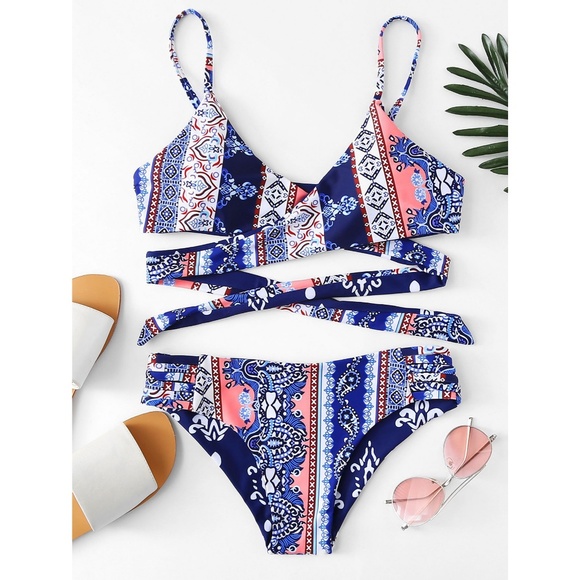 boho print cross front bikini